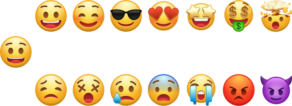 Alle Emoji-Blasen des Spiels â von begeistert bis wĂŒtend.