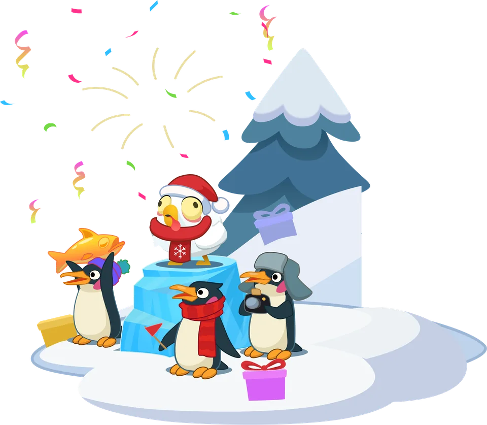 Die Pinguine warten mit Geschenken am Ende der Strecke.